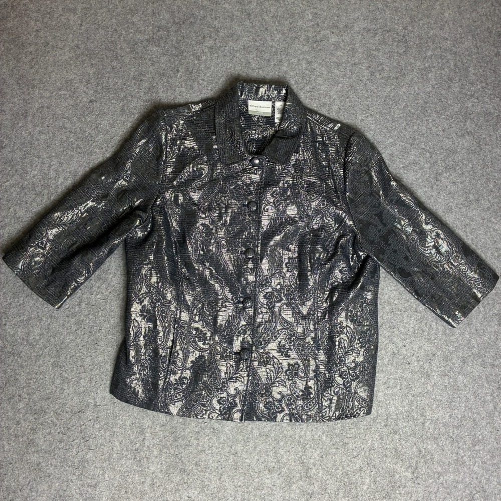 Alfred Dunner Women 14P Petite Black Silver Metallic Paisley Button Front Jacket